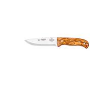 Cudeman Cuchillo ENT 158-L hoja de acero inoxidable Böhler N-690Co de 12 cm empuñadura de madera de olivo de 11,5 cm para caza, pesca, supervivencia y bushcraft + Portabotellas regalo
