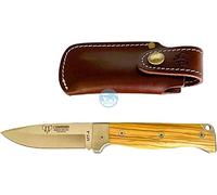Cudeman Navaja 384-L MT-4 hoja de acero Böhler N-690Co de 10 cm y empuñadura de madera de olivo de 11,5 cm para caza, pesca, supervivencia y bushcraft + Portabotellas regalo