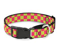 Cuello de Perro Buckle-Down Checker Fluorescente Martingale, Rosa/Amarillo, 2,5 cm de Ancho, Cuello Mediano, 28 cm
