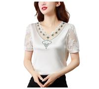 Cuello en V Malla Hilo Manga Corta Camiseta Mujer Nueva Moda Verano Encaje Elegante Camiseta Interior Diseño Sensación Satén Con Abrigo Camisa Senderismo Mujer, GN1, XXL