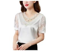 Cuello en V Malla Hilo Manga Corta Camiseta Mujer Nueva Moda Verano Encaje Elegante Camiseta Interior Diseño Sensación Satén Con Abrigo Camisa Senderismo Mujer, Gd1, XL