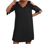 Cuello en V para mujer, otoño, verano, encaje, manga corta, longitud al codo, ajuste medio, holgado, para playa, vestidos hawaianos para mujer 2025, D-235 Negro, XXL