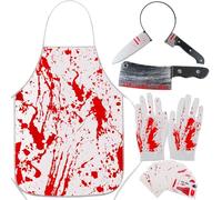 CUEMOON Disfraz de carnicero para Halloween, delantal manchado de sangre, cuchillo de cocina manchado de sangre, cinta para el pelo, guantes manchados de sangre, pegatinas (1 paquete de 30 unidades)