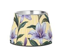 Cuenco de agua antideslizante de acero inoxidable para perros con diseño de lirio morado claro, rayas amarillas claras, para amar a las mascotas, comer lentamente