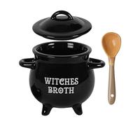 Cuenco De Caldo De Brujas - Cuenco De Cerámica Para Caldero De Brujas Con Cuchara De Escoba | Olla Decorativa De Cerámica | Caldero Negro Con Cucharón Para Té De Halloween, Reuniones De Disfraces Fæmi