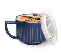 Cuenco de cerámica con asa, 900 ml, tazas de sopa para microondas con tapa, cuenco de ramen, taza de café grande para almuerzo, pasta, fruta, cereales (azul retro)