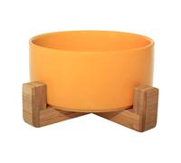 Cuenco de cerámica con Soporte de bambú para Perros y Gatos, Cuenco Elevado para una posición cómoda Mientras Come y Bebe, Disponible en 5 Opciones de Color, Capacidad de 850 ml (Amarillo)