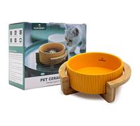 Cuenco de Cerámica para Gato, Base de Madera de Bambú, 400 mL, Amarillo