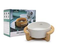 Cuenco de Cerámica para Gato, Base de Madera de Bambú, 400 mL, Blanco