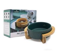 Cuenco de Cerámica para Gato, Base de Madera de Bambú, 400 mL, Verde