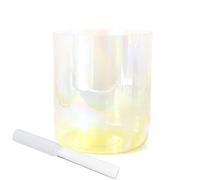 Cuenco de cristal transparente amarillo de 15,2 cm, con luz cósmica, alquimia, para yoga, meditación y curación, incluye golpeador de cuarzo y junta tórica (432 Hz)
