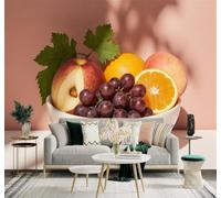 Cuenco De Fruta Fresca Uvas Naranjas Y Melocotones Sobre Un Fondo Rosa Suave 3D Papel Pintado Tapiz Textura de Seda Oficina Comedor Sofá Dormitorio Sala Estar TV Fondo Pantalla-300cm×210cm