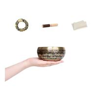 Cuenco de latón con forma de mantra de seis sílabas, cuenco de meditación con cojín y mazo, alivio del estrés y atención plena (12 cm)