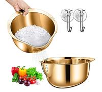 Cuenco de Lavado de Arroz, colador de arroz, cuenco colador encontrado, colador lateral de acero inoxidable, colador de arroz con colador para la limpieza de frutas, verduras y frijoles (dorado)