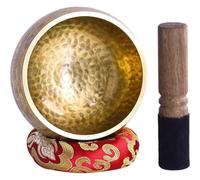 Cuenco de metal, cuenco de sonido budista hecho a mano, con símbolos budistas con mazo de madera y cojín para oración, meditación, yoga, curación de chakras, fácil de tocar para principiantes