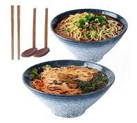Cuenco de sopa de fideos Ramen japonés de cerámica de 9 pulgadas, 2 juegos (6 piezas) 1600 ml tazón multiusos con cuchara y palillos a juego, para fideos instantáneos, sopa, fideos, Pho, Udon y Soba