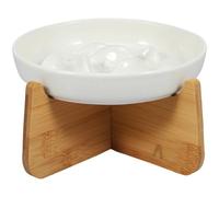 Cuenco elevado de cerámica para perros, cuencos de agua con soporte de madera de cerámica elevada de 6.4 x 1.14 pulgadas, antivómitos, comida para gatos (blanco)