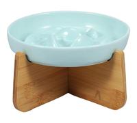 Cuenco elevado de cerámica para perros, cuencos de agua con soporte de madera de cerámica elevada de 6.4 x 1.14 pulgadas, antivómitos, comida para gatos (verde claro)