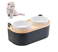 Cuenco elevado de comida para perros - Cuencos dobles de alimentación para mascotas con almacenamiento para evaluación | Cuencos elevados para gatos y cachorros con tenedor y cuchara, construcción