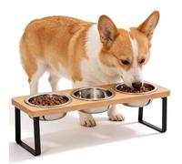 Cuenco elevado para gatos, estación de alimentación elevada con 3 cuencos de acero inoxidable, juego de cuencos inclinados a 15° con soporte de madera, cuenco para gatos y perros