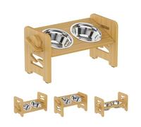 Cuenco Elevado para Perros, Soporte para Cuencos de Perro de 6 Alturas Ajustables, Soporte de bambú Duradero Que Viene con 2 Cuencos de Acero Inoxidable para Comida para Perros, Cuencos elevados para