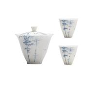 Cuenco For Hacer Té Simple De Estilo Chino Gaiwan Bambú Blanco Y Azul Pintado A Mano Porcelana Blanca Arcilla Jade 160ml La Elegancia Es Atemporal(Gaiwan and 2 Cups)