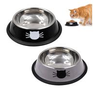 Cuenco Gato Acero Inoxidable, Set de 2 Comederos Antideslizantes para Gatos y Perros Pequeños con Anillo de Goma Extraíble, Cuencos Fáciles de Limpiar en Gris y Negro