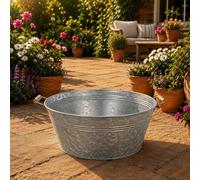 Cuenco grande de zinc con asas de madera, 50 x 25 cm, resistente a la intemperie, para exteriores, jardinera, macetero en plata, bandeja de metal con asa, ideal como fuente, fuente solar, mini