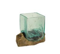 Cuenco, jarrón o jardinera decorativa cuadrada de vidrio fundido sobre madera de teca flotante (aproximadamente