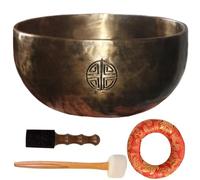 Cuenco tibetano de cobre de 15 cm redondo con mazo y cojín para meditación atención plena yoga y chakras.