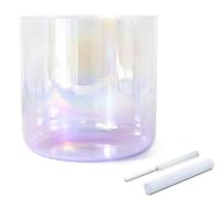Cuenco tibetano de cristal transparente de colores con mazo de gamuza y junta tórica, cuenco de cuarzo for chakras, ideal for meditación de yoga, color morado degradado.(432Hz,8 inch E note)