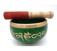 Cuenco tibetano Om Mani original hecho a mano latón macizo 500 g 11,5 cm pintado a mano verde dorado con mazo