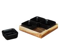 Cuencos con Bandeja Mod. Elo 5 piezas de cerámica negra para aperitivos, salsas y antipasti Madera de acacia FSC ideal para barbacoas Dimensiones 19 x 19 x 5 cm