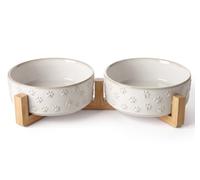 Cuencos de cerámica para perros y gatos - Juego de cuencos dobles de 2.5 tazas con soporte de madera, diseño en relieve de huellas de patas, base antideslizante con peso, acabado mate, platos de