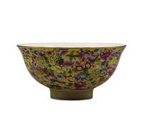 Cuencos de cerámica retro, Cuenco de arroz esmaltado color amarillo dorado con un millón flores, 14 cm (5,5 pulgadas), antigüedades chinas