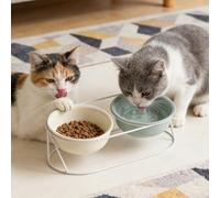 Cuencos elevados de cerámica para Gatos con Soporte de Metal, protección de la Columna Cervical, Cuenco de Agua Inclinado para Comida de Mascotas para Gatos y Perros pequeños (Cuenco Doble Beige +