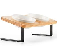 Cuencos elevados de cerámica para Gatos, Cuencos elevados Inclinados de 15° para Alimentos y Agua, Platos de Interior para Gatos con Soporte de bambú, antivómitos para Gatos y Cachorros, Juego de