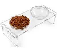 Cuencos elevados para Perros y Gatos, 10 cm, Soporte de acrílico Elevado para Mascotas con 2 Cuencos de Acero Inoxidable y 2 de Vidrio, Comida y Agua, para Cachorros y Gatos/Perros pequeños