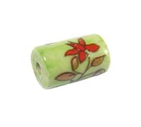 Cuenta cerámica cilindro decorada verde con flor roja diam. 10,5x16mm. 50u..