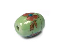 Cuenta cerámica oval decorada verde con flor roja diam. 15x14mm. 50u.