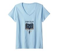 Cuentacuentos Libro Mágico Pluma Literario Camiseta Cuello V, Mujer, Azul Bebé, XXL