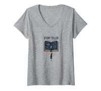 Cuentacuentos Libro Mágico Pluma Literario Camiseta Cuello V, Mujer, Gris Jaspeado, L