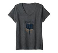Cuentacuentos Libro Mágico Pluma Literario Camiseta Cuello V, Mujer, Jaspeado Oscuro, L