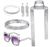 Cuentos de los 70 para mujeres, disfraz de disco de lentejuelas de 5 piezas, el atuendo de plástico de disco incluye aretes de bufanda pulsera de gafas de sol y diadema para el traje de fiesta de bai