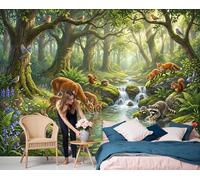 Cuentos Hadas Animales Del Bosque Lindos Ciervos Ardillas 3D Papel Pintado Tapiz Textura De Seda Comedor Verde Gran Papel Pintado Decoración Dormitorio Sala Estar Tv Fondo Pantalla, 200X140Cm