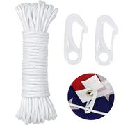 Cuerda de Bandera Blanca,15 m Cuerda de Nailon Blanco,Cuerda de Nailon Blanco con 2 Ganchos para Atar la Bandera Driza Asta de Bandera Tienda Escuela Camping Jardín Ropa