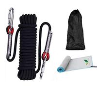 Cuerda de Escalada y Rescate 1200kg, 20M(D10mm)- Incluye 2 Mosquetones Seguros + Toalla de Secado Rápido (40x80cm) - Nylon Resistente para Montañismo, Camping, Barranquismo, Senderismo-Negro