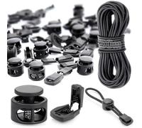 Cuerda de Goma Elástica de 30 m, 3 mm, Redonda Con 40 Topes de Cordón, 20 Topes de 2 Agujeros, Negro - Para Mochila y Ropa
