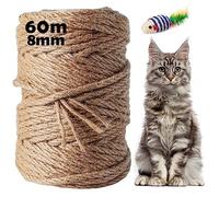 Cuerda de Sisal 60m x 8mm, Natural Cuerda Cañamo Rascador para Gatos, Cuerda Sisal Adecuado para Postes de Patas de Gato Almohadillas de Patas de Gato Artesanías, Accesorios de Bricolaje Manualidades