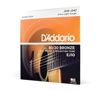 Cuerdas D'Addario para guitarra acústica, 80/20 Bronce, EJ10, calibre extra ligero 10-47, juego de 6 cuerdas, paquete de 1